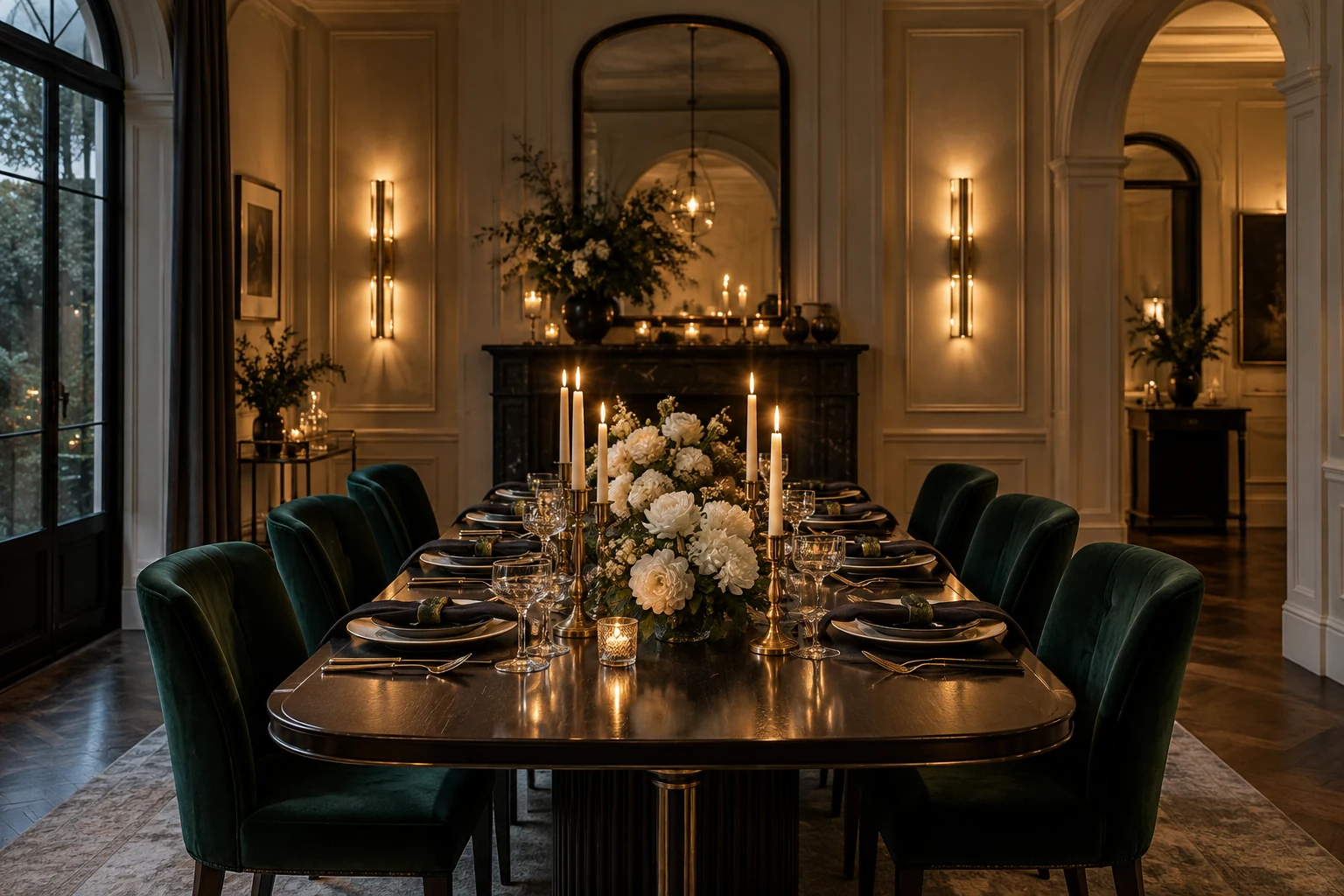 Editorial concept of an evening wedding table with emerald upholstered chairs, a dark tabletop, ivory flowers and warm brass-colored candlelight