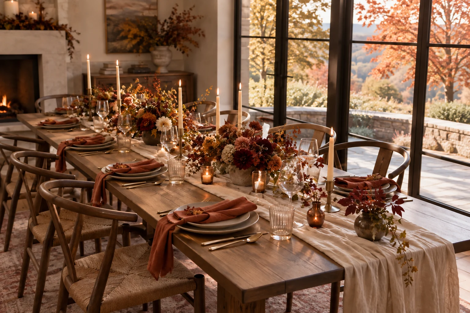 Editorial concept of a fall wedding table with russet napkins, dark red flowers, pale linen runners and candles beside windows overlooking orange leaves
