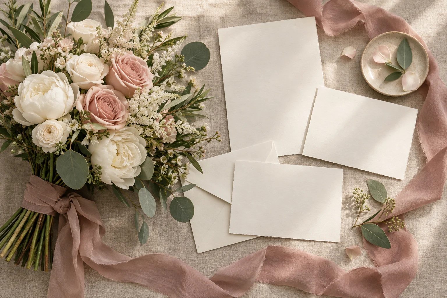 Editorial concept of an ivory and rose bouquet beside blank textured stationery and ribbon