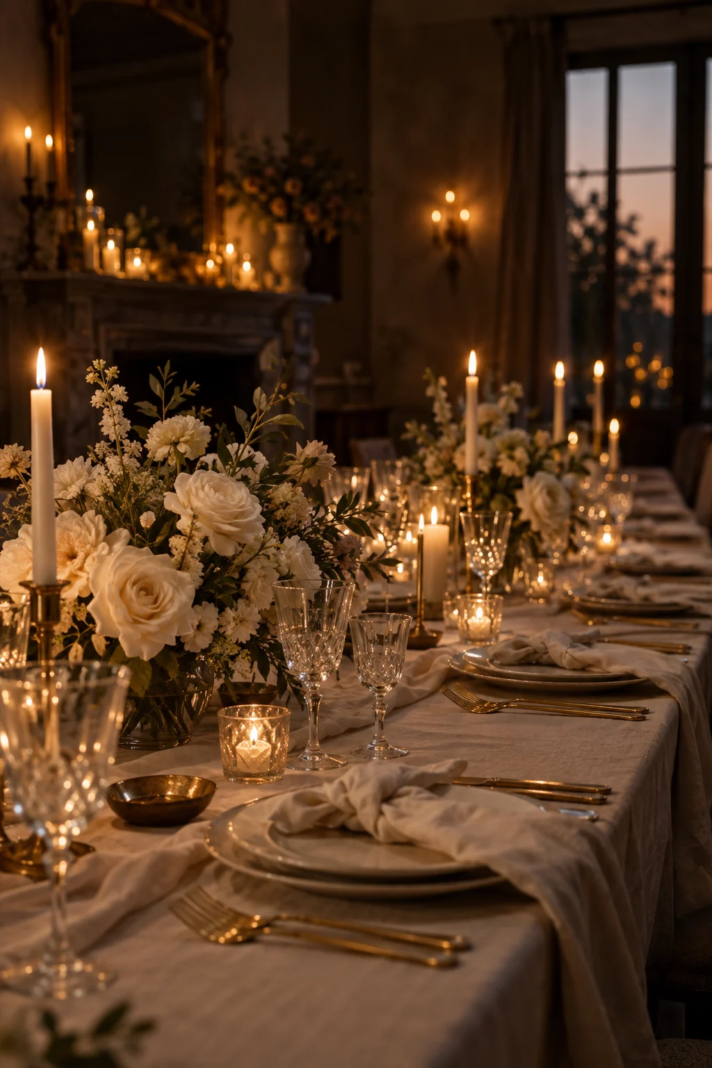 Editorial concept of a candlelit dinner table with cream flowers and gold cutlery