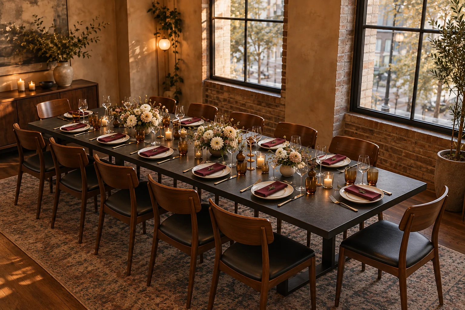 Editorial concept of a city restaurant wedding supper with a dark table, burgundy napkins, cream flowers and warm window light