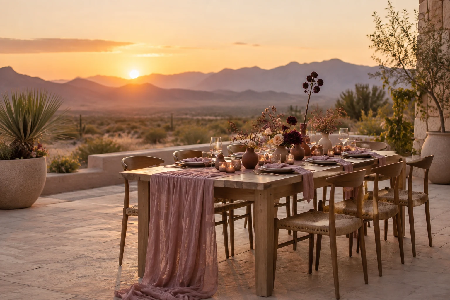 Editorial concept of a desert terrace wedding table with dusty rose fabric, pale ceramic vessels and sparse dark flowers against a mountain sunset