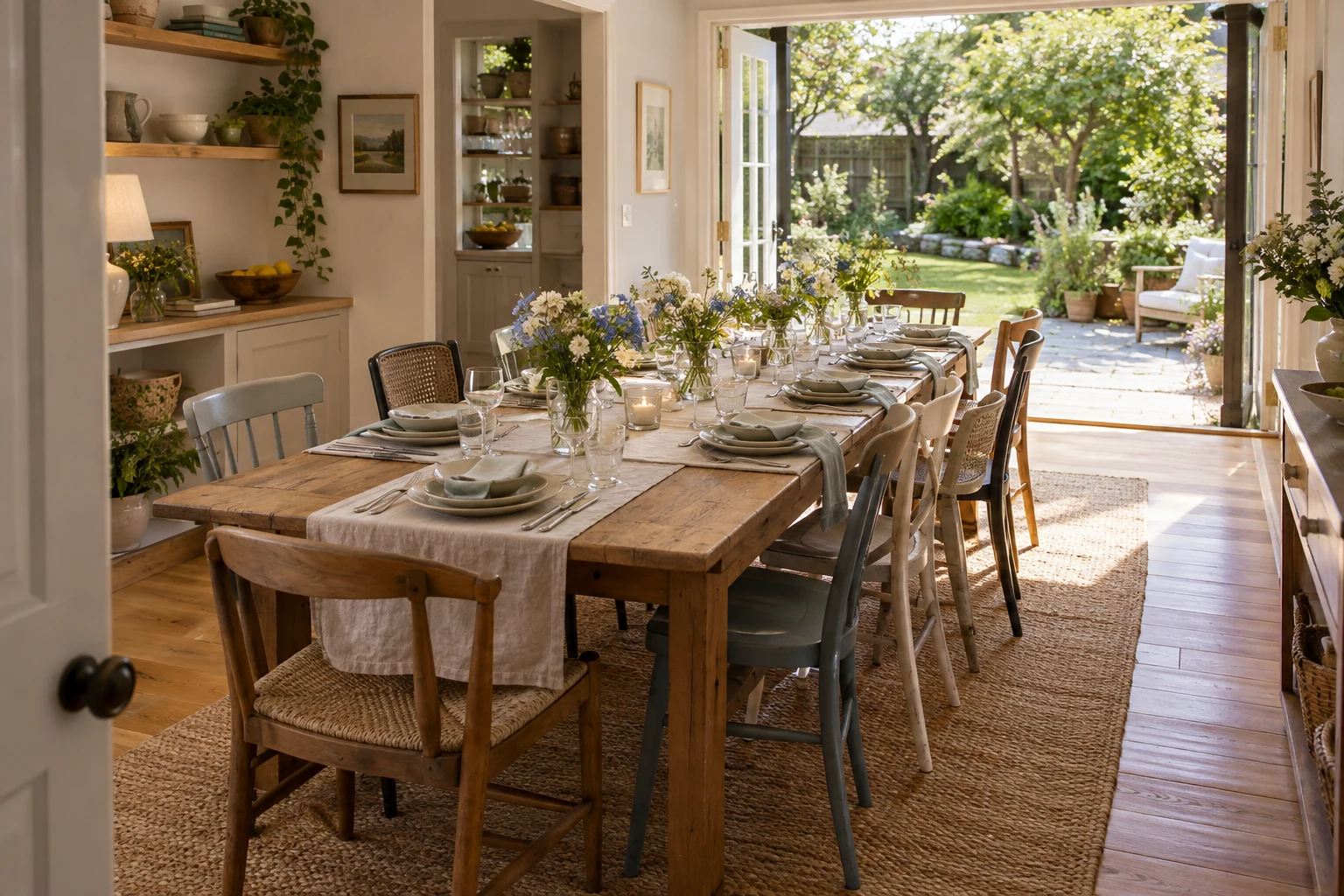 Editorial concept of a home wedding lunch with a wooden table, mixed household chairs, pale linen and garden flowers beside open backyard doors