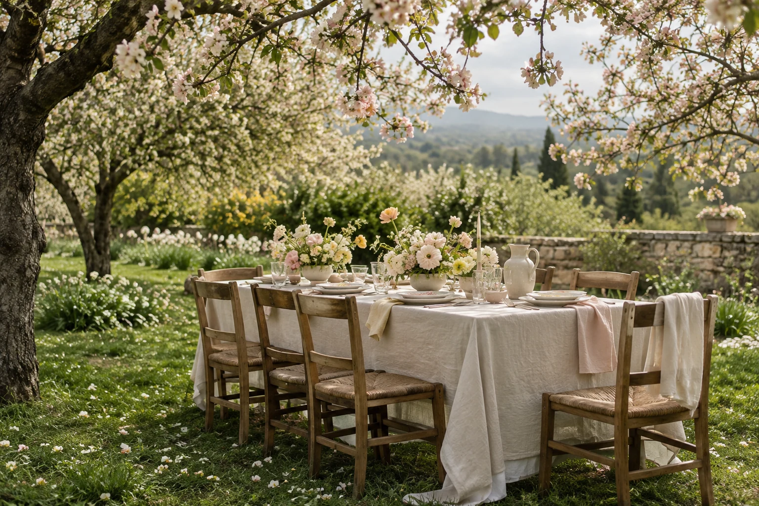 Editorial concept of a spring wedding table beneath flowering branches with ivory linen, pale pink napkins and small pink and yellow flower arrangements