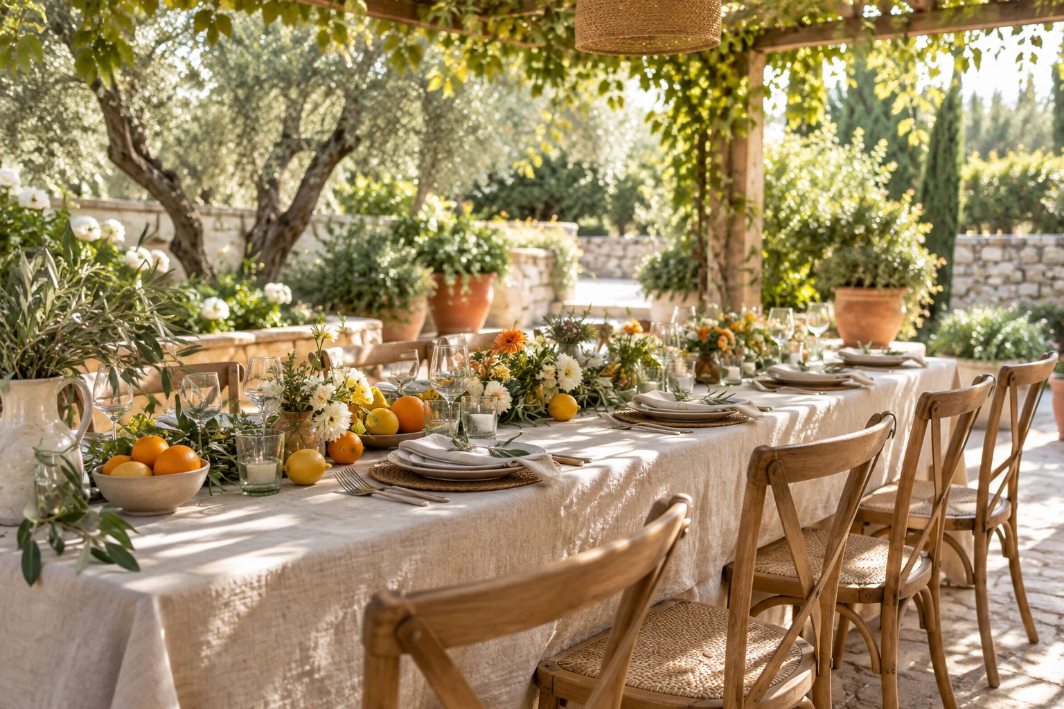 Editorial concept of a wedding lunch beneath a leafy pergola with natural linen, lemons, oranges, pale flowers and wooden chairs