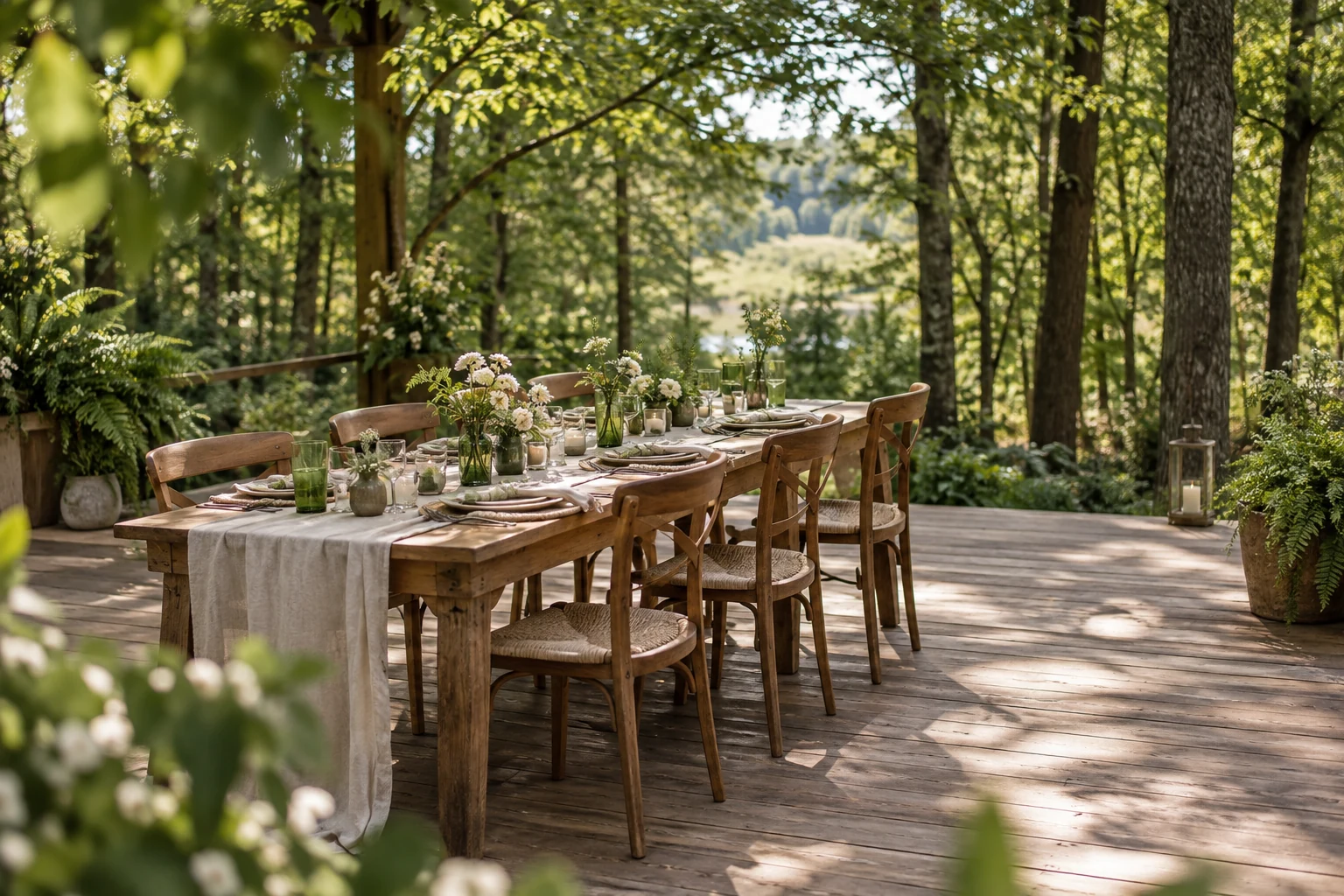 Editorial concept of a wooden wedding table on a woodland deck with pale runners, wooden chairs and low green and white arrangements