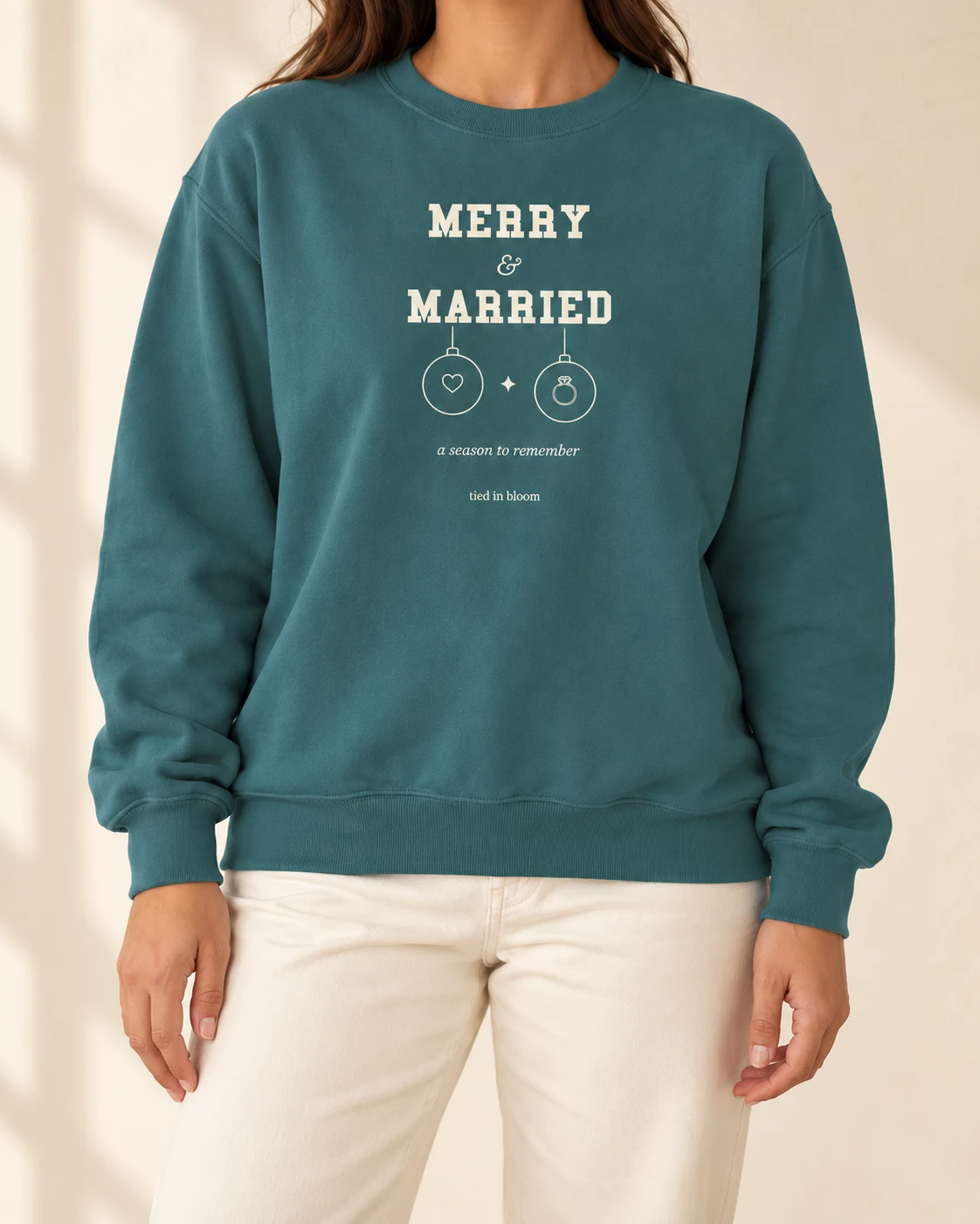 AI mockup of a woman wearing Merry & Married in Blue Spruce, cropped below the face.