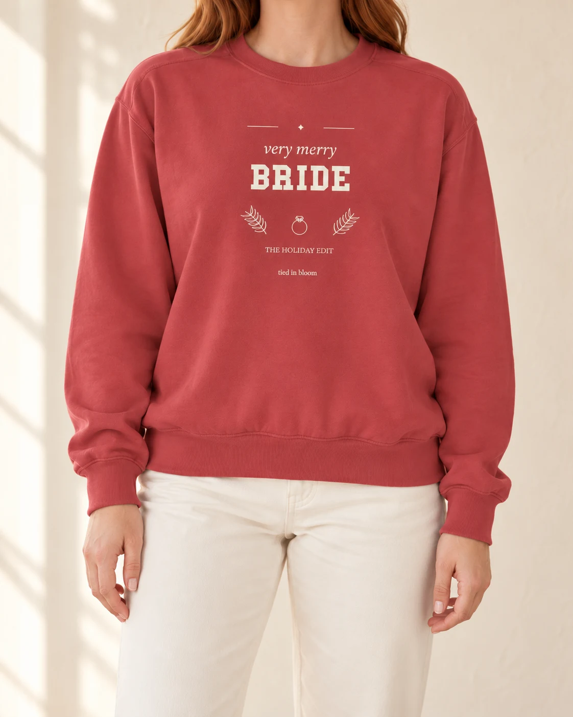 AI mockup of a woman wearing Very Merry Bride in Crimson, cropped below the face.
