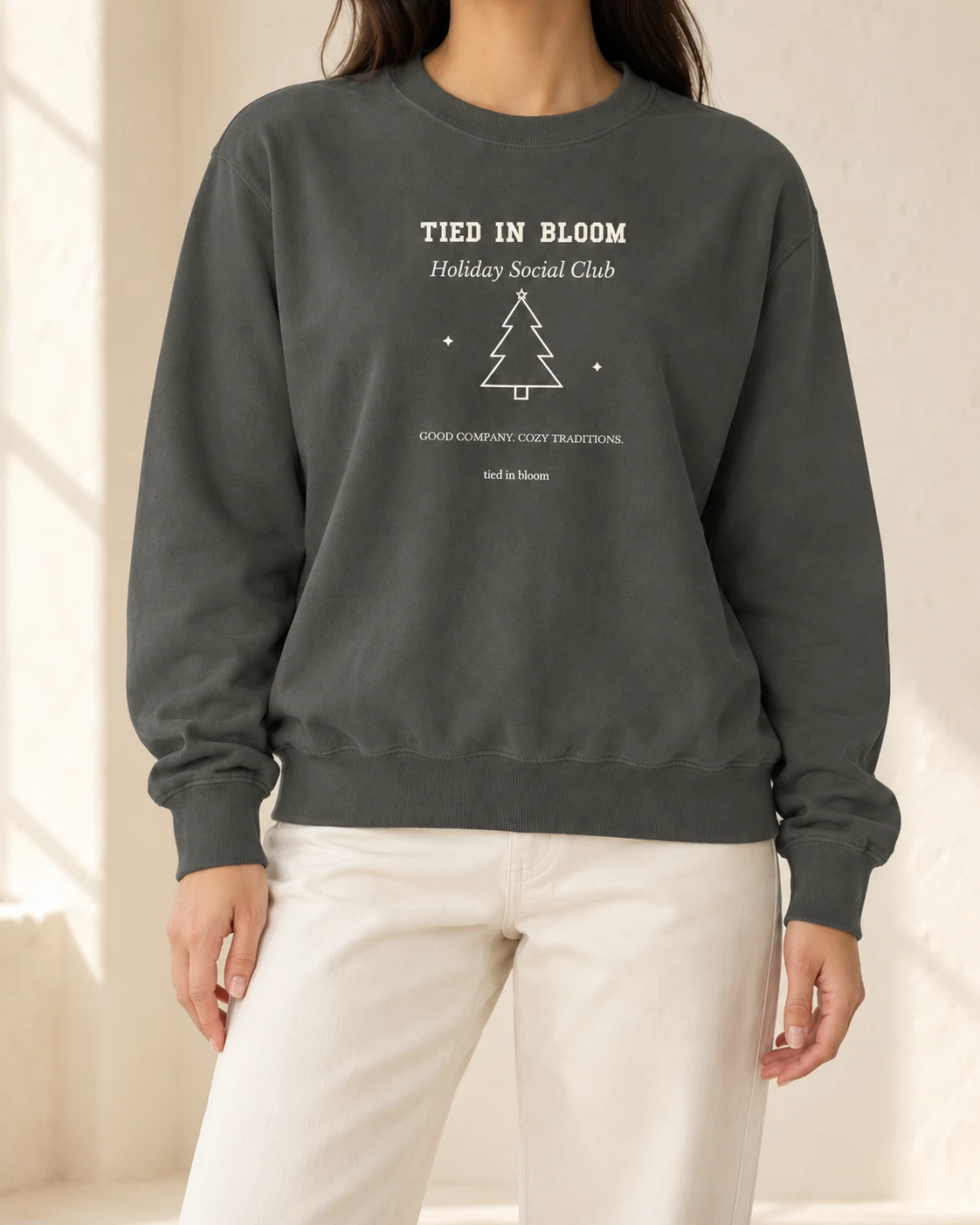 AI mockup of a woman wearing Bloom Holiday Social Club in Pepper, cropped below the face.