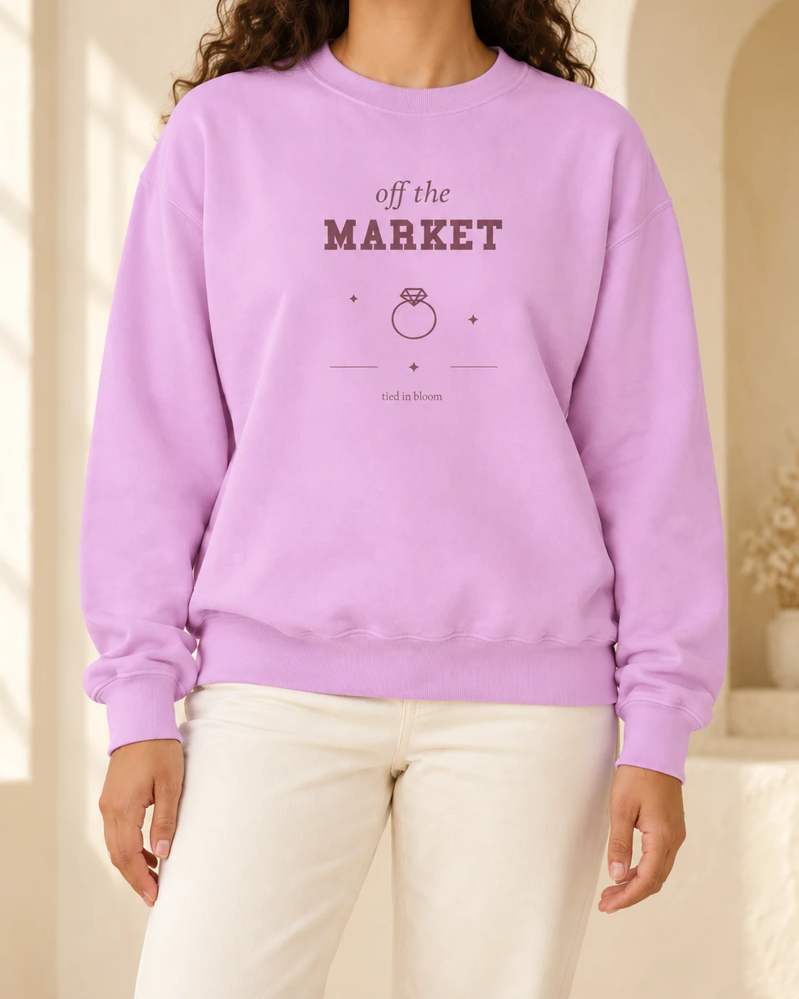 AI mockup of a woman wearing Off the Market in Orchid, cropped below the face.