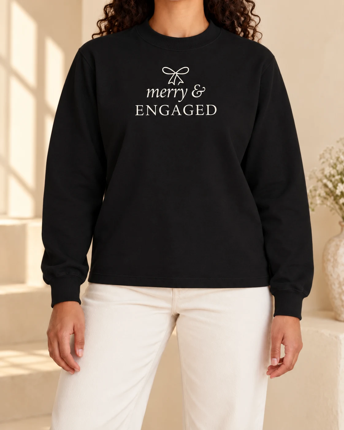 AI model preview of Merry & Engaged Mockneck in Black, cropped below the face.