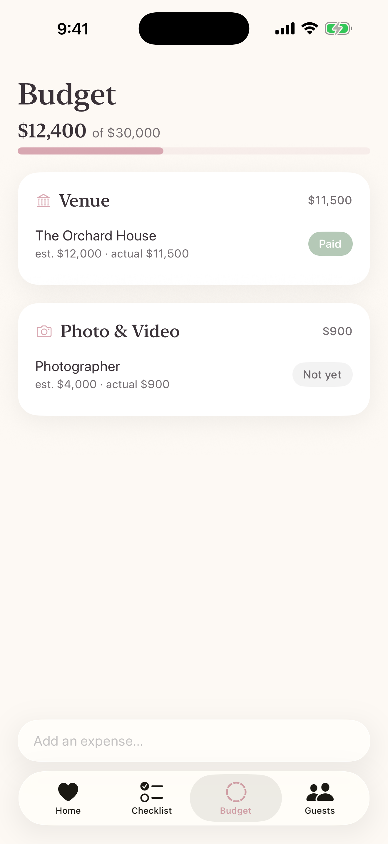 Tied in Bloom wedding budget screen