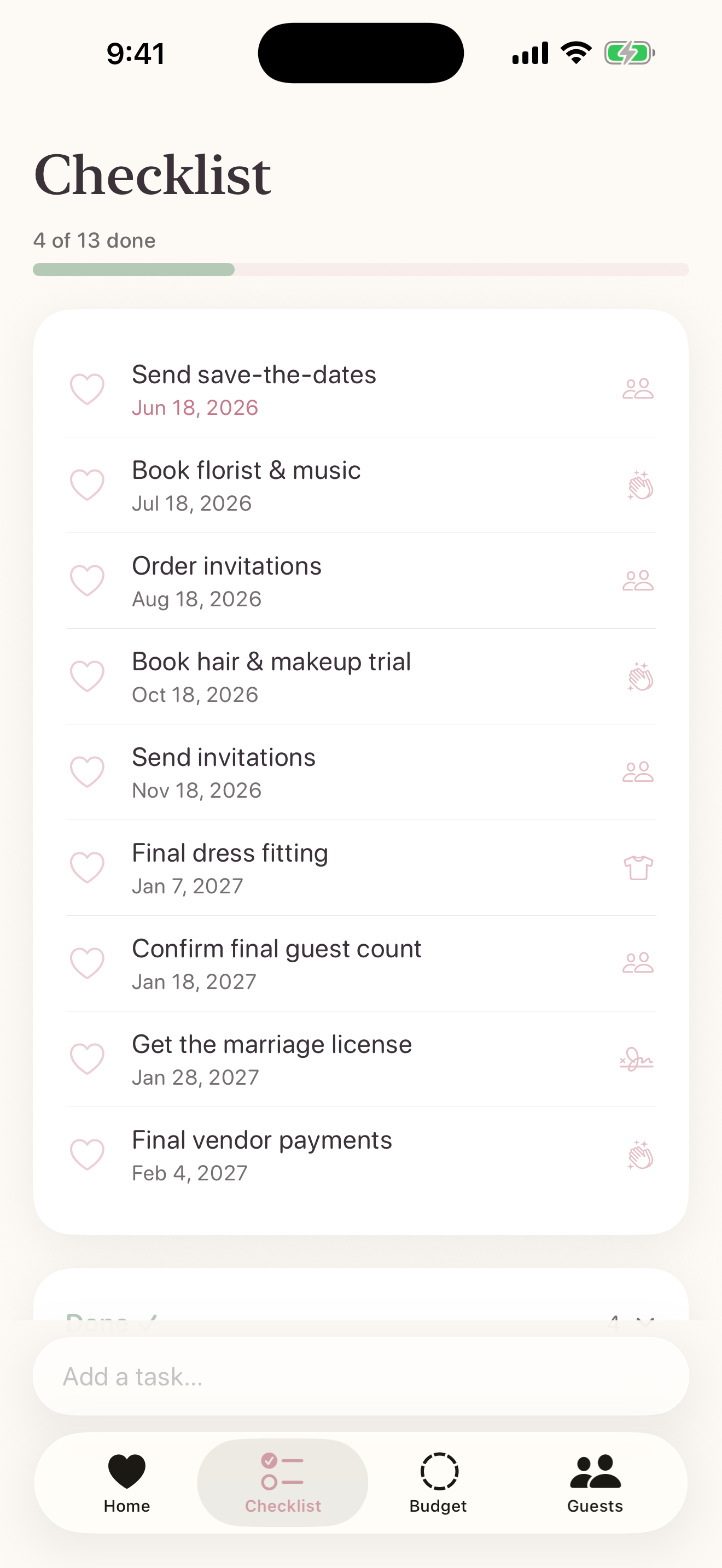 Tied in Bloom checklist screen