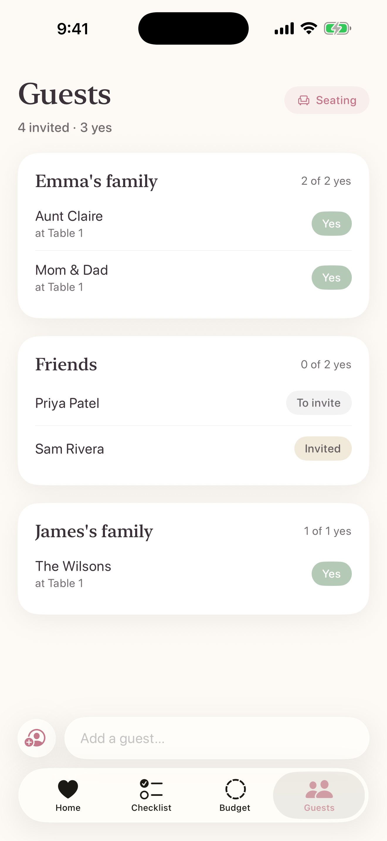 Tied in Bloom guest list screen