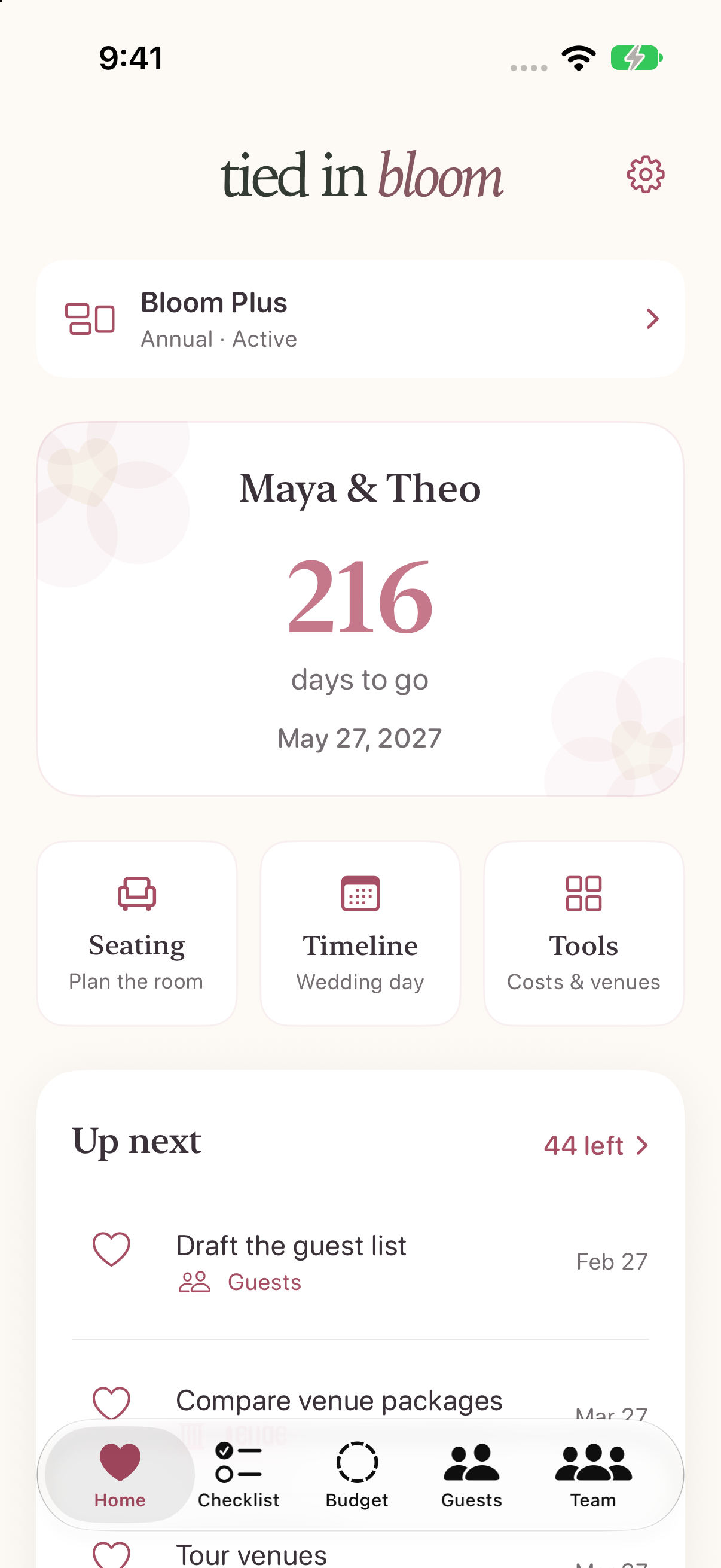 Tied in Bloom Home screen with a fictional wedding countdown and next steps