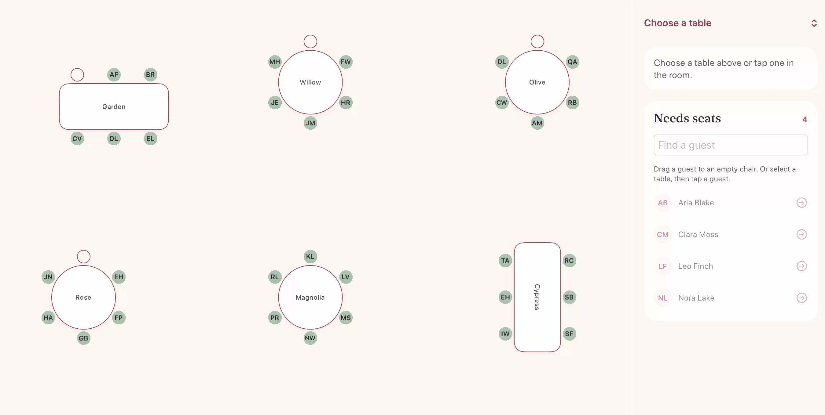 A still from the app seating planner, showing six tables and four guests waiting for seats.